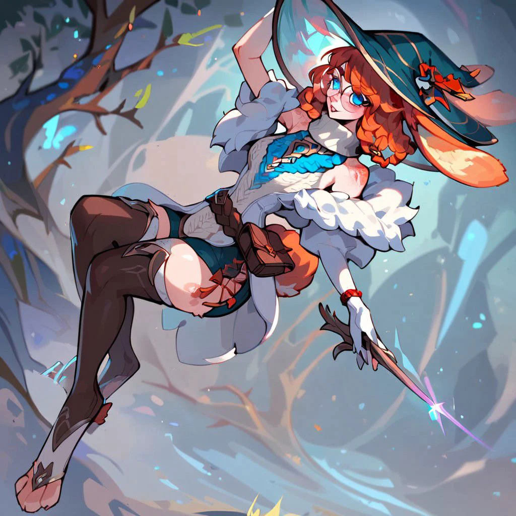 (((beautiful, high quality))), score_9, score_8_up, score_7_up, full body,
AuroraLOL, 1girl, ginger hair, freckles, rabbit ears, rabbit tail, earring,
round glasses, witch hat, sleeveless sweater, white jacket with fur, white fingerless gloves, rope belt, blue shorts, thighhighs,
blurred background, looking at the viewer, posing,