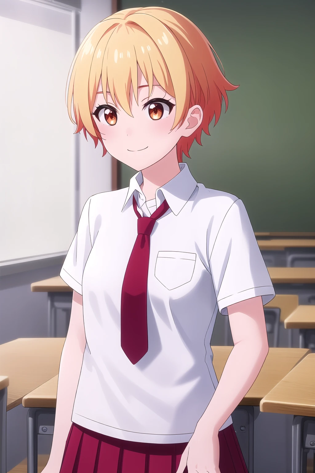 (masterpiece, best quality), highly detailed background, perfect lightingbest quality, saginumariko, solo, indoors, classroom, blonde hair, orange hair, hair between eyes, streaked hair, short hair, orange eyes, small breasts, red necktie, collared shirt, white shirt, short sleeves, red skirt, pleated skirt, school uniform, smile, closed mouth, :), <lora:Saginuma-Riko:0.7>