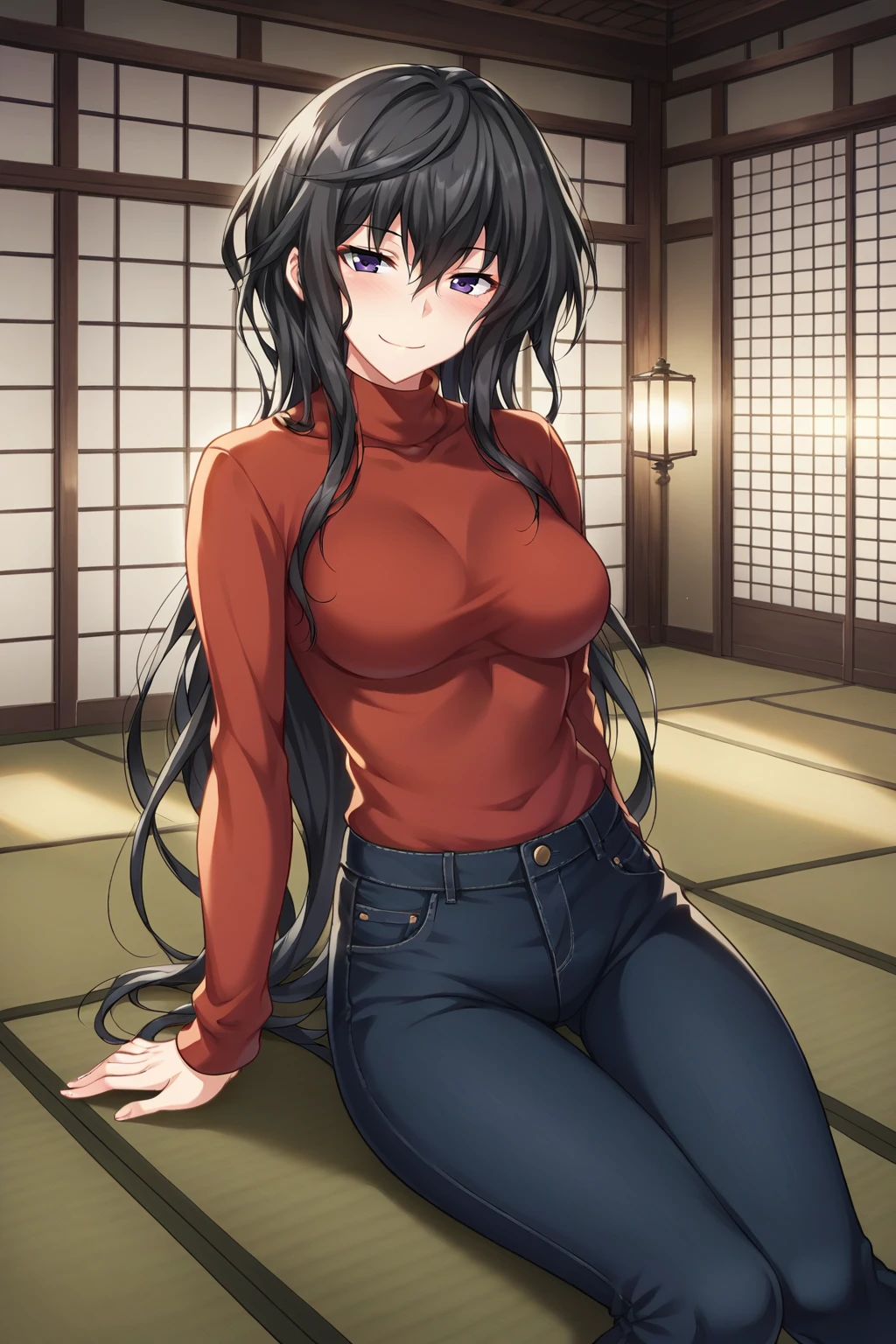 score_9, score_8_up, score_7_up, source_anime, 1girl, prefect lighting, very aesthetic, intricate details, highly detailed background, masterpiece, high quality, prefect hands, best quality, solo,
<lora:Benkei_Majikoi_V1:.7>, black hair, dark purple eyes, long hair, hair between eyes, 
jeans, sweater, long sleeves, turtleneck, 
sitting on floor,  smirk, blush,
east asian architecture, dim lighting, inside, morning, 
(Beautiful, medium Breasts:1.2), natural breasts,