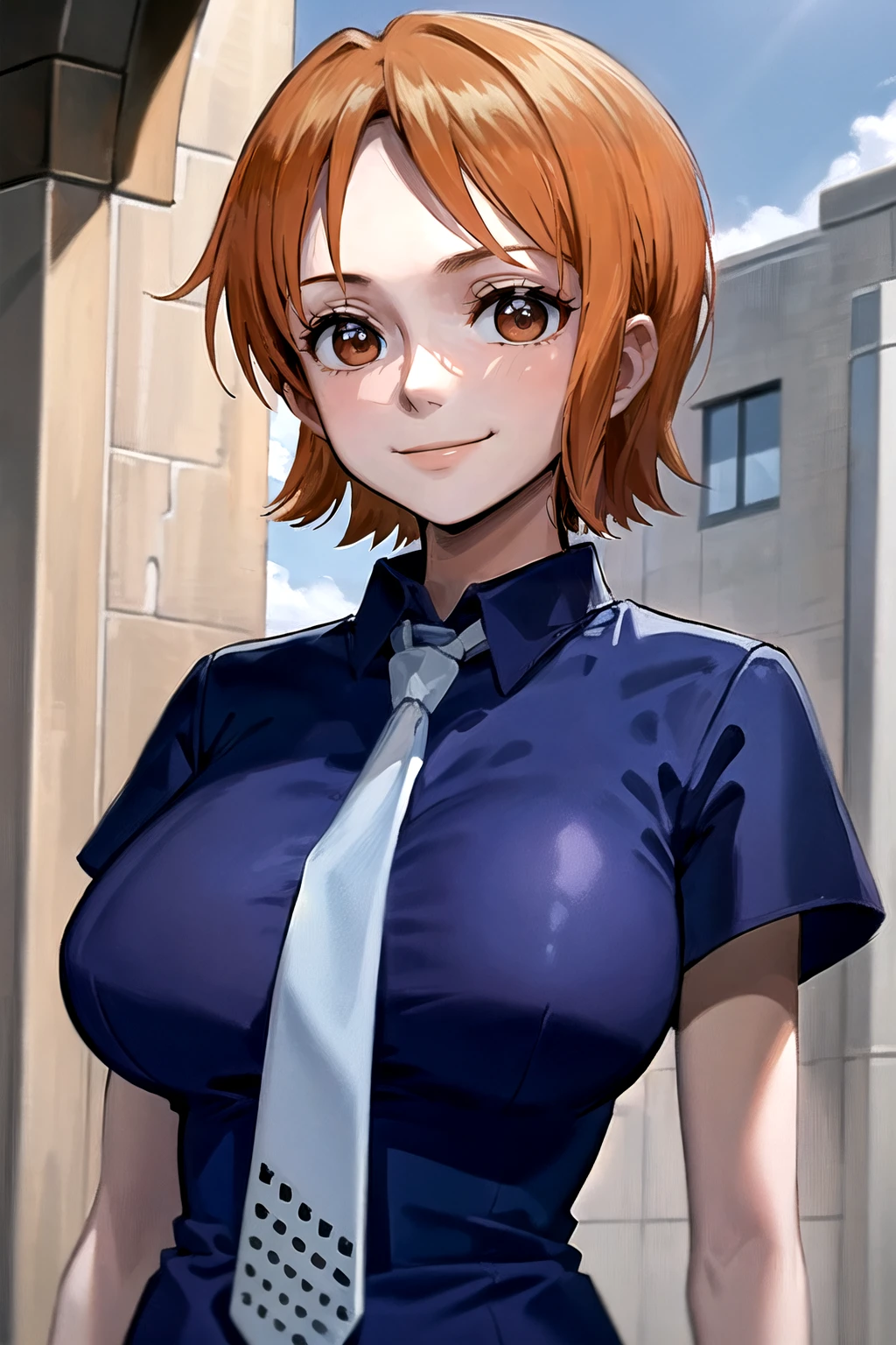 <lora:SC-OP_Nami_W7BLSH:0.9>, opn4m1w7blsh, masterpiece, best quality, 1girl, upper body, smile, shirt, short sleeves, necktie, short hair, massive breasts, necktie between breasts, outdoors, blue sky
