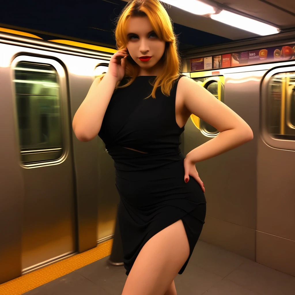 attractive and beautiful influencer in party dress blonde hair standing and posing like influencers in public transport
