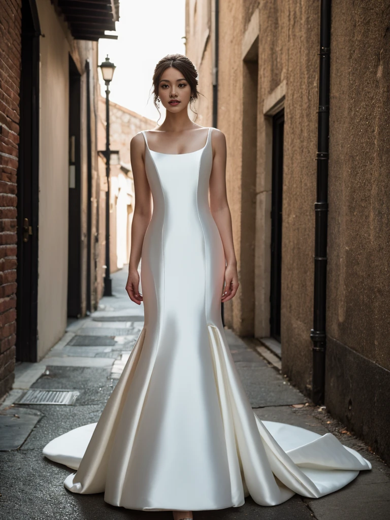 <lora:MWeddingDress:1> mdress, satin white wedding dress, 1girl, in the alley,(8k, best quality, masterpiece:1.2), (realistic, photo-realistic:1.37), ultra-detailed, looking at viewer, full body, warm tone, cinematic light,