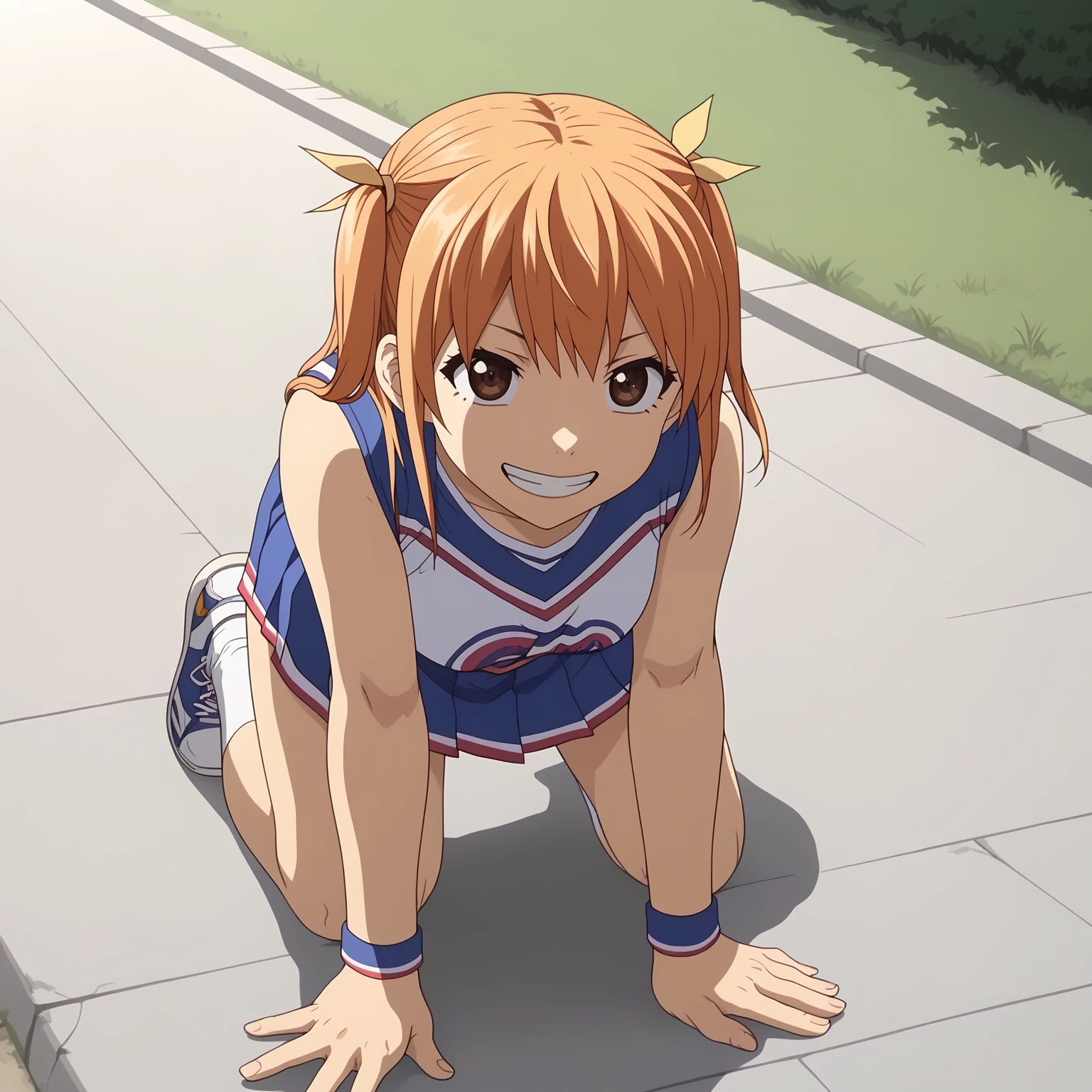 <lora:AgehaHikitaXLpony001>,
grin,
solo,
AgehaHikita,1girl,orange hair,two side up,brown eyes,
cheerleader,sleeveless,
wristband,bare hands,
pleated_skirt,
white socks,sneakers,
outdoors,
full body,all fours,