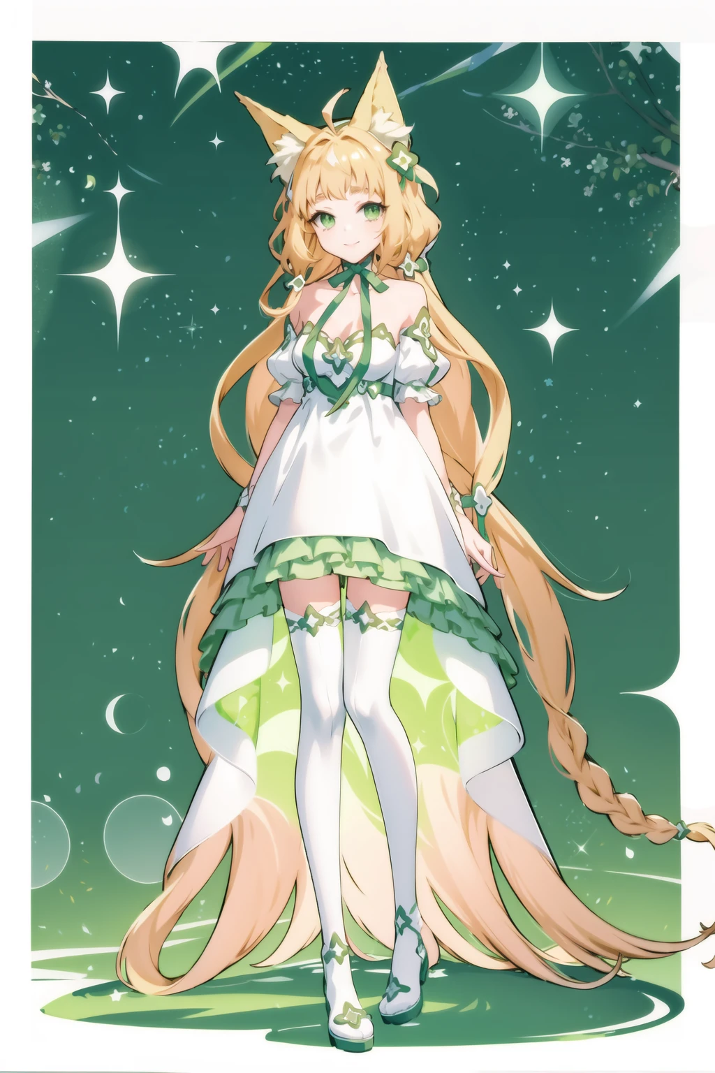 ((masterpiece)), 1girl, solo, <lora:chiffonMaimaiAnything0.0.5:0.95>, (blonde hair:1.1),  night, multicolored background, fox ears, fox tail, fox girl, 
hair flower, long hair, thighhighs, green thigh strap, dress, green eyes, white dress, standing, legs together, zettai ryouiki, ahoge, closed mouth,  smile, white thighhighs, blonde hair, braid, simple background, green hair ornament, looking at viewer, animal ear fluff, very long hair, bare shoulders, breasts, medium breasts, cleavage, collarbone, cleavage cutout, ribbon, green star ornament, hair ornament, chest jewel,  frilled dress, green flower ornament, detached sleeves,(arms behind back:1.3),  <lora:GoodHands-beta2:1.65>,( straight-on:1.3), (green wedge heels:1.1),( full body:1.1),