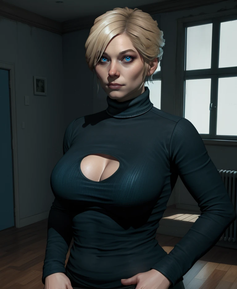 anartr,blonde hair,blue eyes,short hair, cleavage,   
black turtleneck,looking at viewer,long sleeves,
pants,  
indoors,dark room,
(insanely detailed,  masterpiece, best quality),solo,<lora:ana:0.9>,