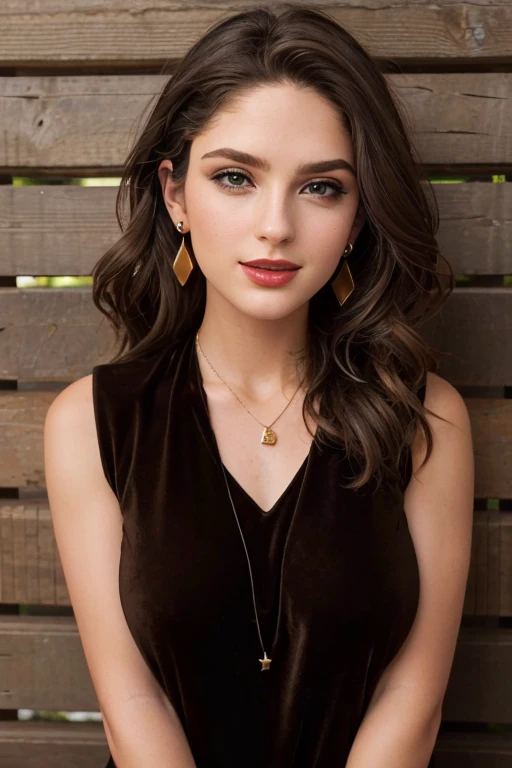 , simple Wood Brown background, upper body, at front, portrait, <lora:GoodHands-vanilla:0.8> better_oppai, liquid eyeliner, earrings, necklace, velvet lipstick <lora:Zoe:.7>