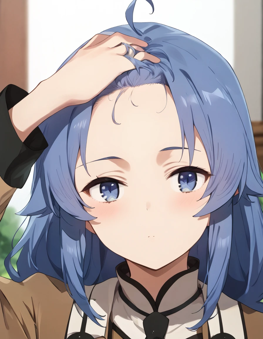 score_9, score_8_up, score_7_up, source_anime,
1girl, solo, looking at viewer, outdoors,
<lora:revealing_forehead_concept-soralz:0.9>,
revealing forehead, hand on own hair, looking at viewer, blushed, blurry background, upper body, forehead, blush,
<lora:roxy_migurdia_anime_s2_v4-soralz:1>, roxy migurdia, long hair, blue hair, hair ribbon, blue eyes, ahoge, brown coat,