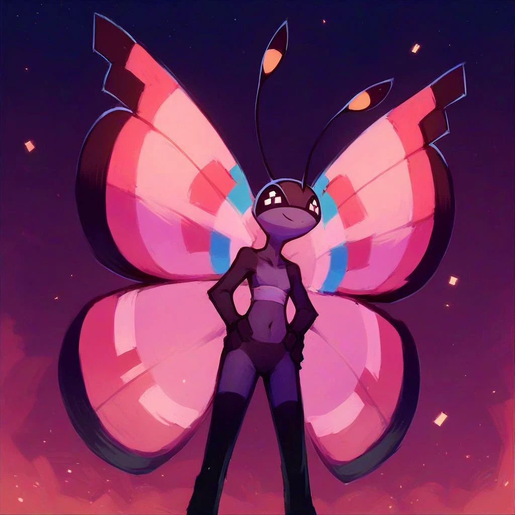 score_9,score_8_up,score_7_up,score_6_up,score_5_up,score_4_up,, Vivillon, pokemon (creature), butterfly wings, black eyes, antenna, solo, no humans, hand on hip, smile, eyelashes, navel, collarbone