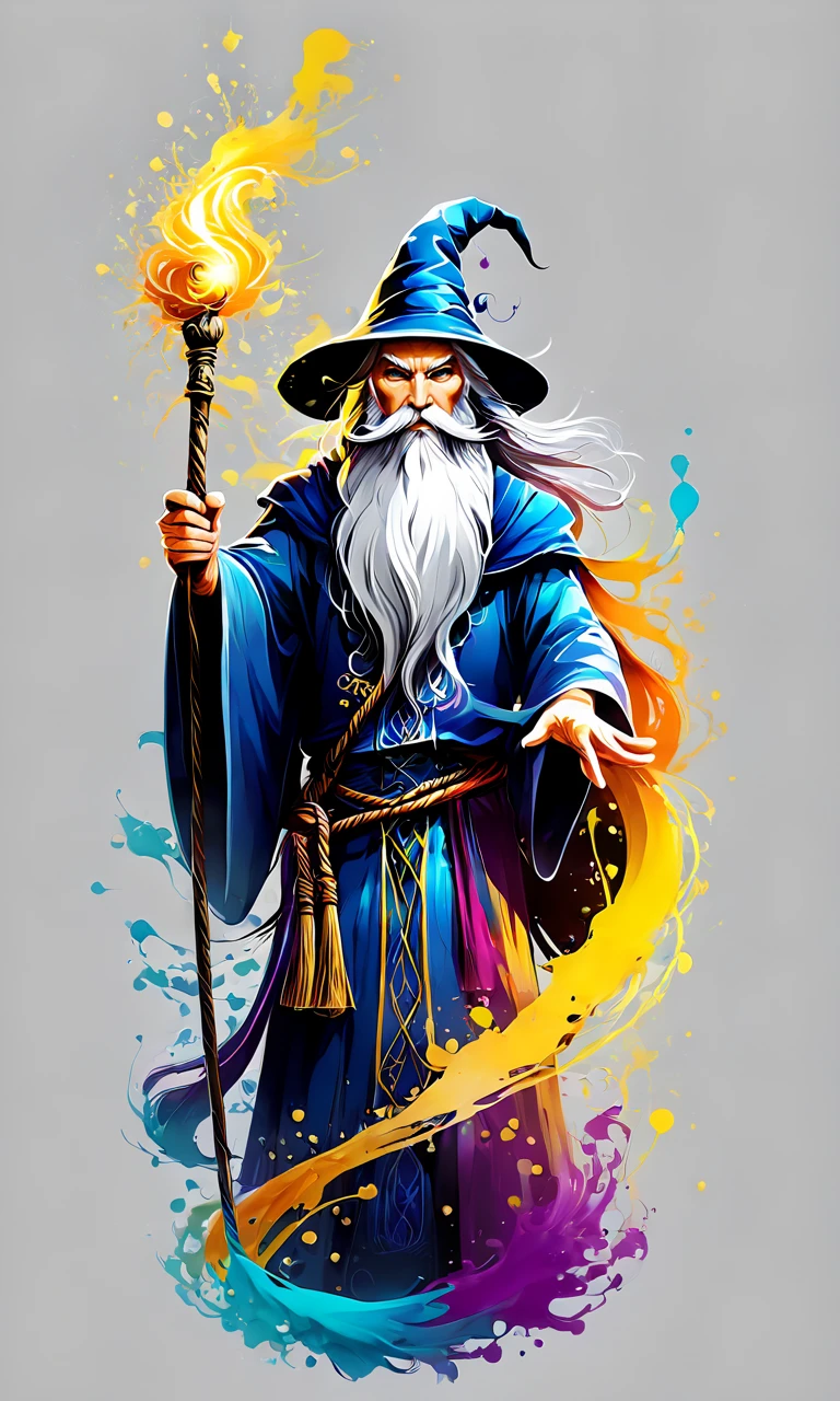 a mythical wizard with a staff, paintsplashsdxl, <lora:paintsplashsdxl:1>, vibrant color, best quality, masterpiece, rope, pendant, white beard