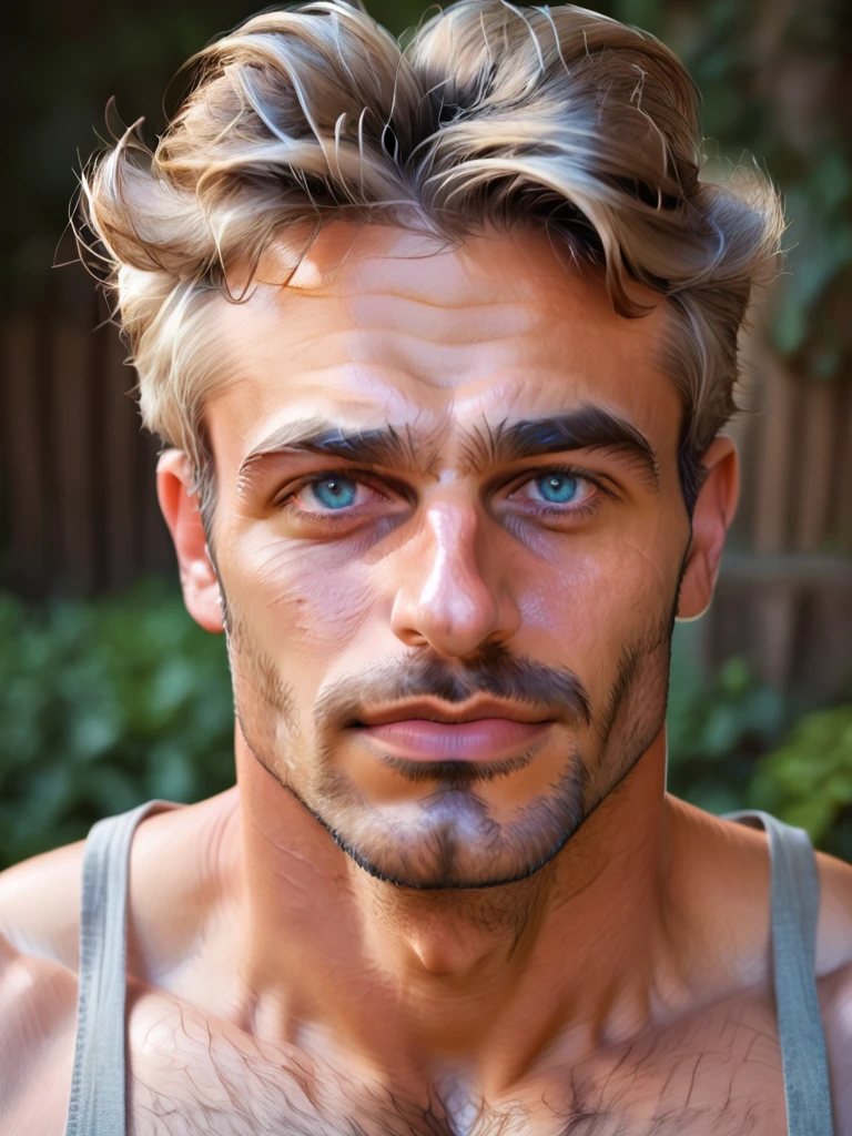 score_9, score_8_up,score_7_up, score_6_up, score_5_up, score_4_up, hyperrealistic, close up face , Iskender , man standing in garden, hairy body, dark-blue-eyes,  hairy, sunny day, jeans, tank-top, masterpiece, best quality, athletic,<lora:TrSerkan-Iskender-Pony-v2:1>