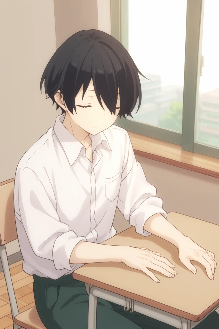 score_9, score_8_up, score_7_up, score_6_up, detailed, intricate details,cowboy shot,best quality ,source_anime, male focus,
tanaka, black hair, black eyes, white shirt, 1boy, solo, male focus, desk, school desk, sleeping, sitting, hair over one eye, school uniform, shirt, chair, closed eyes, green pants<lora:EMS-406400-EMS:1.000000>