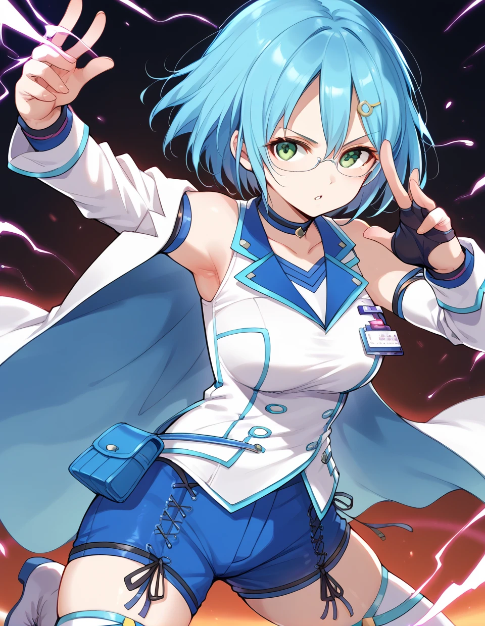 1girl,solo,<lora:doanico_pony:1>,nico,dead or alive,blue hair,hair ornament,green eyes,glasses,
white legwear,detached sleeves,electricity,white footwear,bangs,hair between eyes,breasts,short shorts,thigh boots,bare shoulders,bangs,black gloves,sleeveless,hair between eyes,blue shorts,pouch,long sleeves,collarbone,shirt,covered collarbone,sleeveless shirt,turtleneck,belt pouch,waist cape,coat,labcoat,choker,fighting stance,finger_gun,, score_9,score_8_up,score_7_up,score_6_up,score_5_up,score_4_up,