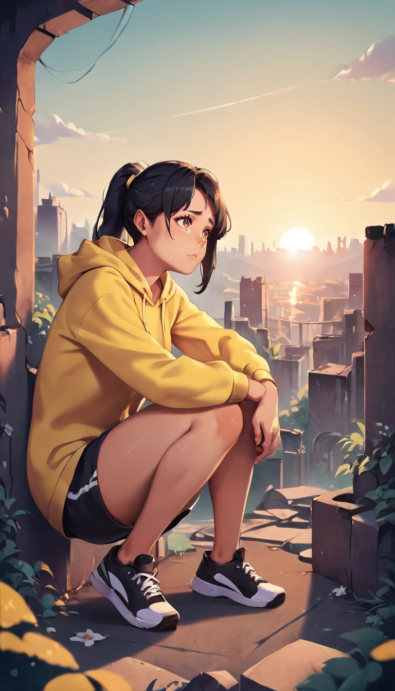 score_9, score_8_up, score_7_up, score_6_up, score_5_up, source_anime,  1girl, solo,  ponytail, adult, black hair, brown eyes, yellow hoodie, black sneakers, worried, full body, holding knees, crouched, sitting, looking away from viewer, sunset, low light, shadows, ruins, abandoned city, <lora:MarkformStyleV1_PonyXL:0.8>