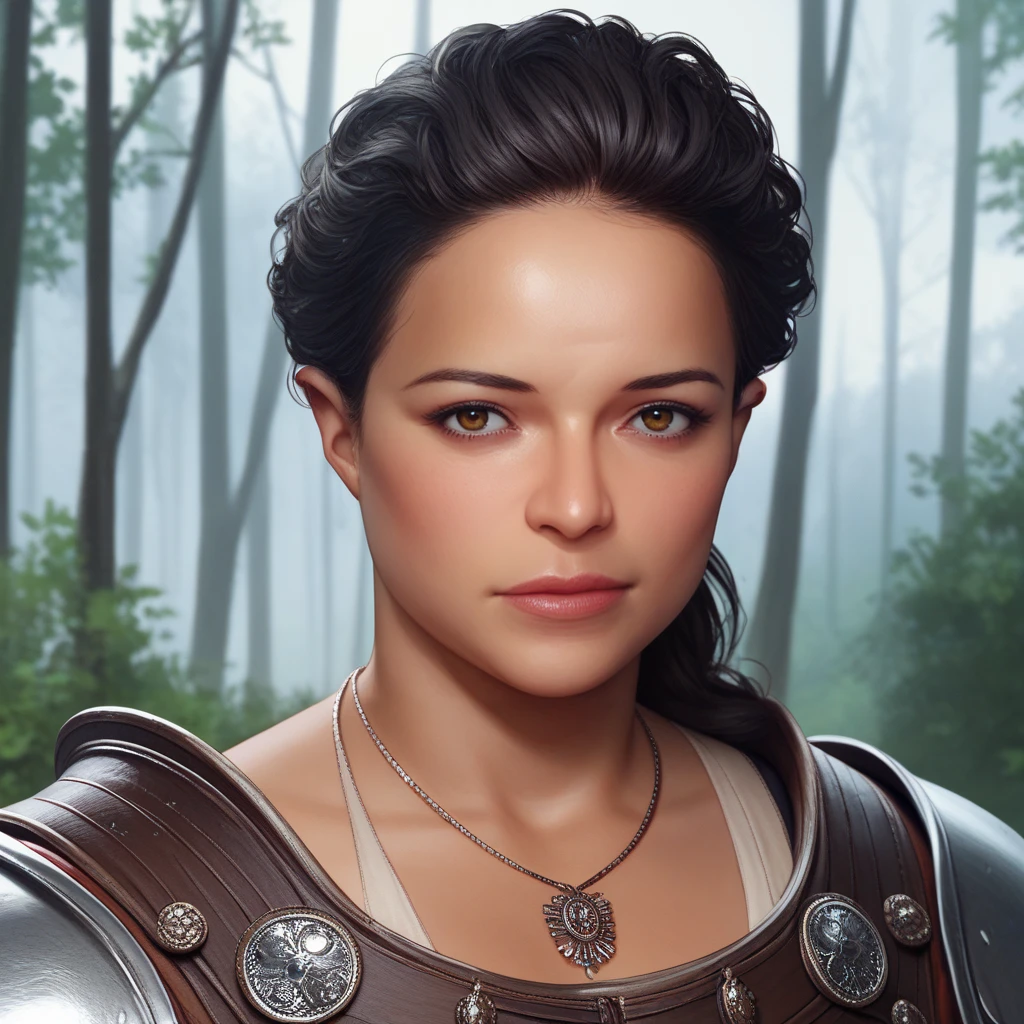 score_9, score_8_up, score_7_up, source_anime, professional photograph of Meg woman, portrait, up close, dark skin, tanned, wearing leather armor, grinning, hair combed to the sides, dark hair, necklace, looking at the viewer, in a snowy forest, medieval houses in the distance,  <lora:Michelle Rodriguez Pony:1>