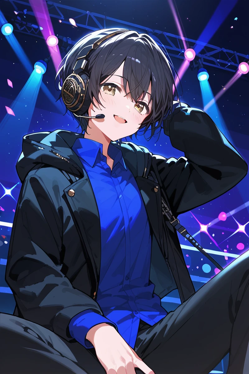 score_9, score_8_up, score_7_up, score_6_up, 1girl,
 <lora:Miyake_Aoi:0.9> aoi, black hair, short hair, black jacket, blue shirt, headphones, color lights, club stage, black pants,