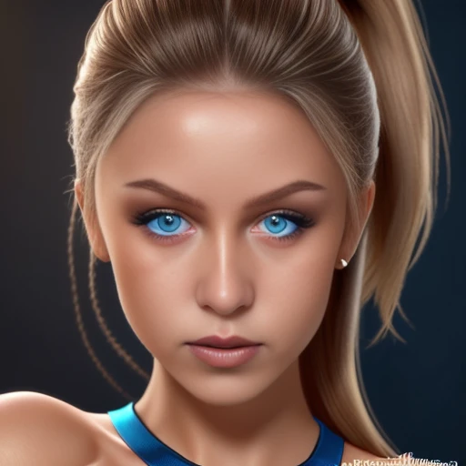 20 year old woman, tone body, dark blonde hair, tight ponytail, blue eyes, sexy look, sexy, very beautiful face, beautiful eyes, detailed eyes, perfect fingers