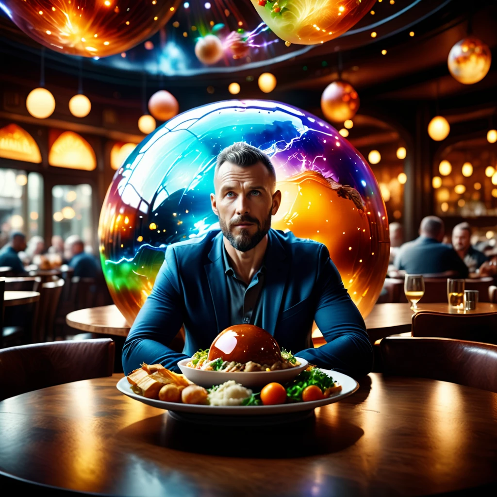 a man sitting in a restaurant infront of  a giant Jed-Gball filled with food  <lora:Jed-Glassball:1>, UHD, octane render