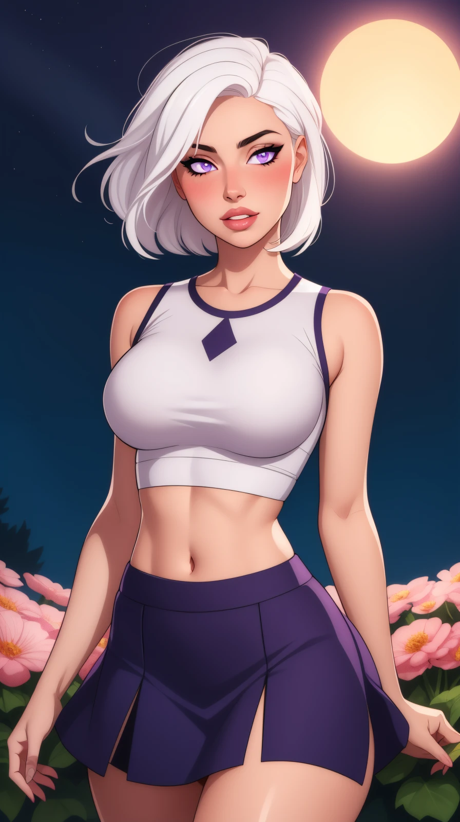 realistic, 1girl, white hair, purple eyes, glowing eyes, crop top, skirt, parted lips, blush, night, flowers, sun, sunlight,