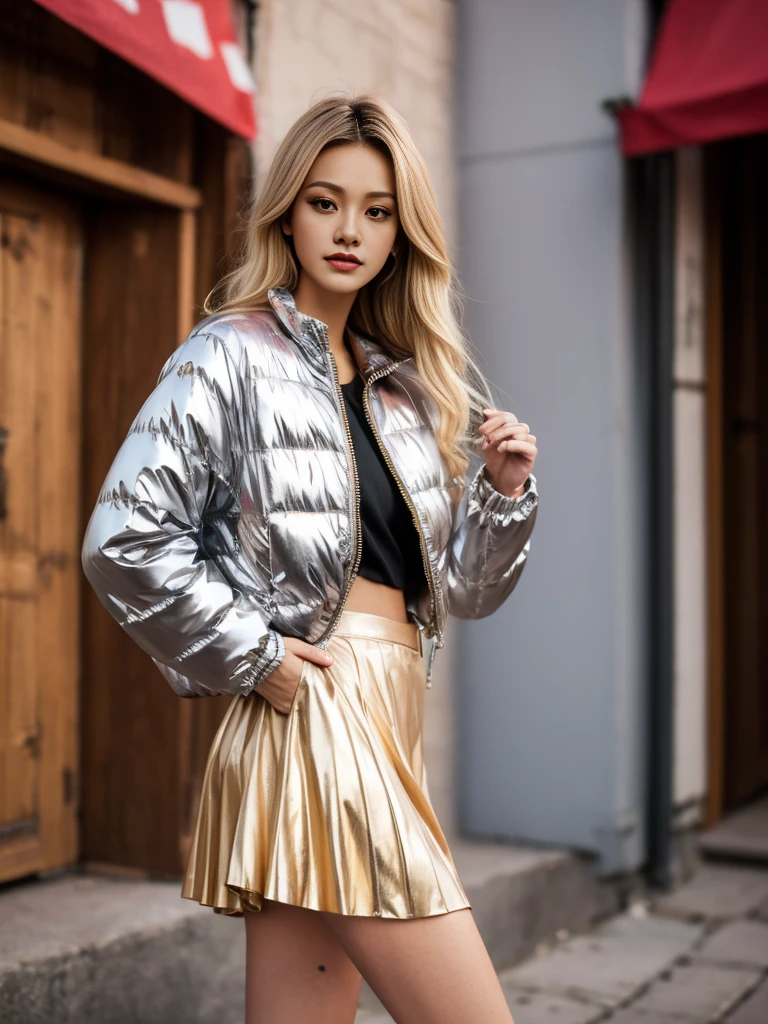 <lora:shiny silver jacket:1> shiny, silver jacket, pleated skirt,  1girl, in the alley,(8k, best quality, masterpiece:1.2), (realistic, photo-realistic:1.37), ultra-detailed, looking at viewer, full body, warm tone, cinematic light,  <lora:Kim_Yeon_V2.0:1> slim body, blonde hair, upper body,