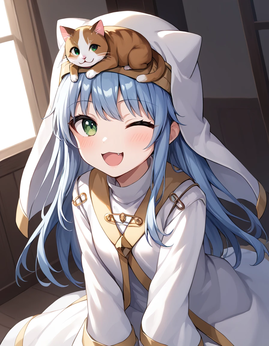 score_9, score_8_up, score_7_up,
ind3x,( official_costume), solo, blush, smile, open mouth,  one eye closed, dutch angle, animal, cat, on head,  cat on head
 <lora:index:1>