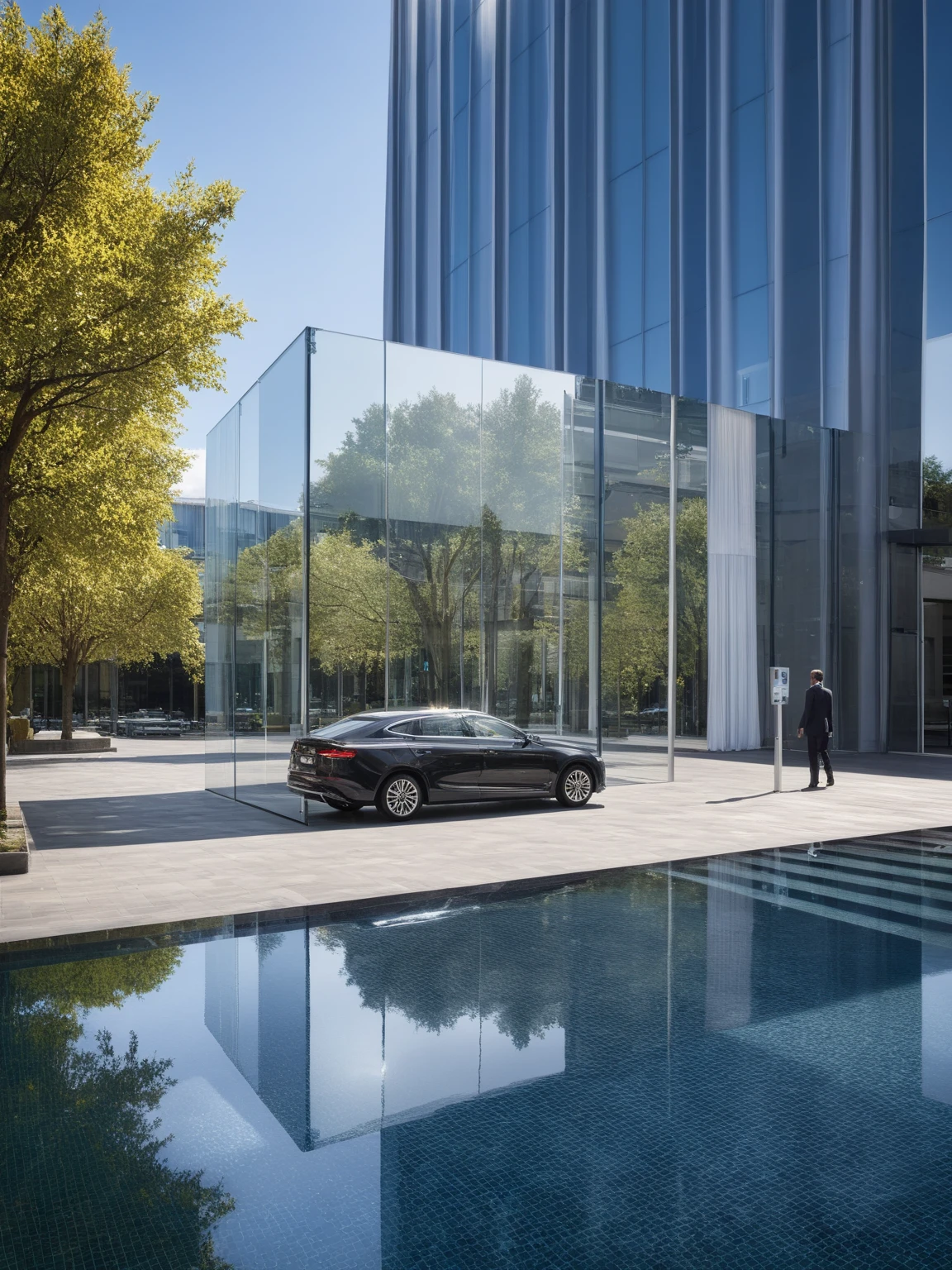 ,outdoors,,sky,day,cloud,bag,tree,ground vehicle,building,scenery,motor vehicle,walking,city,car,road,lamppost,street,crosswalk,real world location, glass, reflection,pool,
curtain wall,