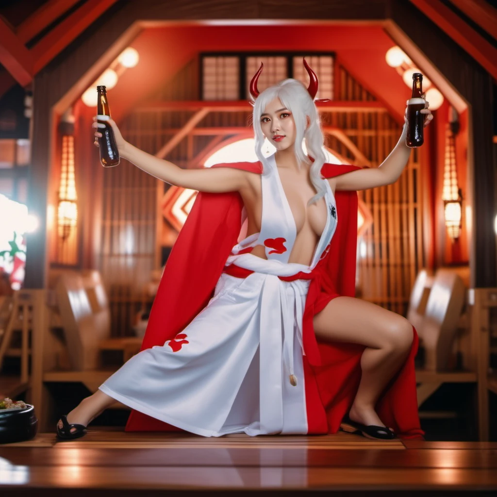 cinematic photo a woman, brown eyes, large breast, hair stick, red horns, sleeveless, white hair, japanese clothes, hakama, having a beer in a japanese pub <lora:Yamato1024:0.8> . 35mm photograph, film, bokeh, professional, 4k, highly detailed