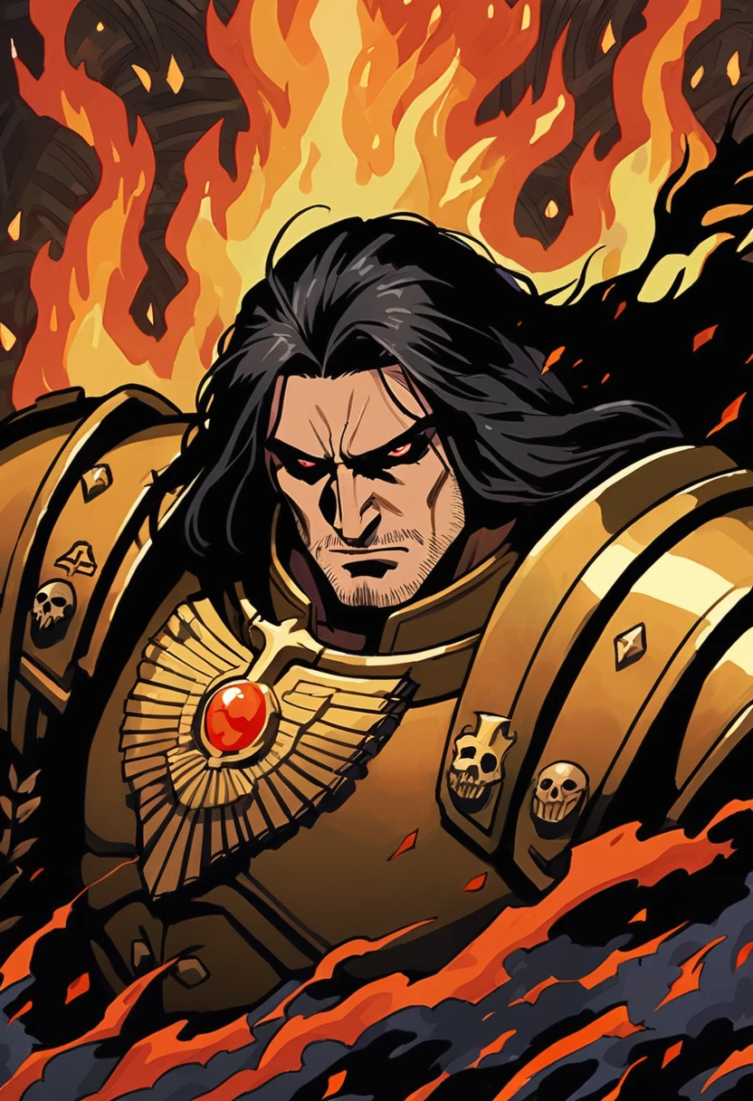 Anime \(style\), 1man, The Emperor of Mankind from Warhammer 40K, solo, long black hair, red eyes, golden power armor, no helmet, stern expression, pale skin, facial hair, stubble, detailed facial features, imperial Aquila \(symbol\), laurel wreath, complex background, vibrant colors, fire, 
grimdark, portrait, epic, centered, gritty, stern expression, 
dynamic composition, cel shading, highest quality, clean lines, extremely detailed