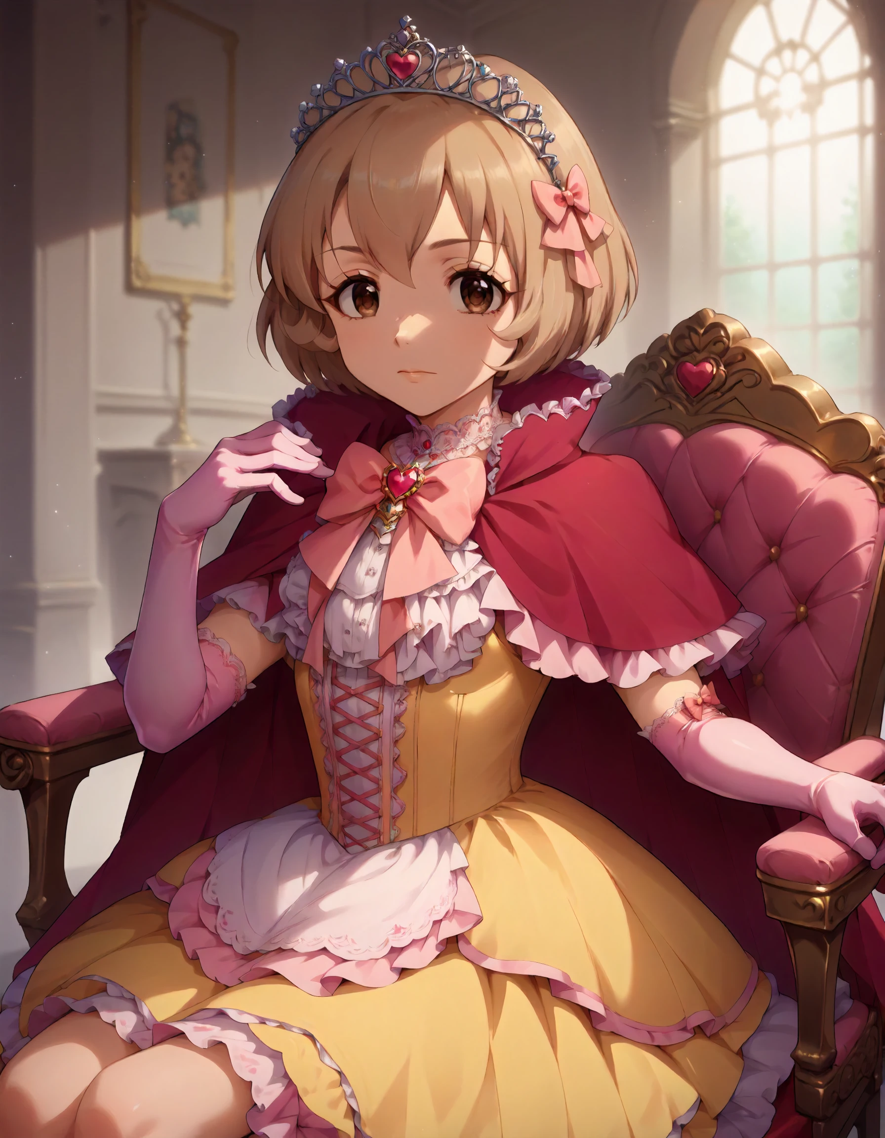 score_9, score_8_up,score_7_up,1girl,sitting,looking at viewer,clear face,sit on victorian chair,
<lora:kogakoharu_ponyXLV6:0.8>,cgkk,light brown hair,brown eyes,short hair,tiara,pink elbow gloves,red cape,yellow dress,pink bow
