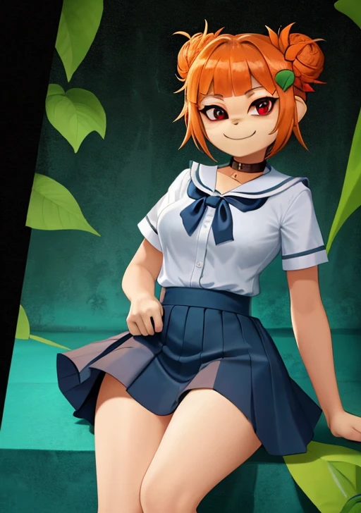 masterpiece, best quality, perfect image, best image, wallpaper, detailed hands, detailed eyes, HD, UHD, best lighting, amazing, 1girl, solo, short hair, furry female, monkey girl, furry, double bun, orange hair, red eyes, monkey tail, side burns, leaf hair ornament, fur body, rosalia, red ribbon, white sailor uniform, blue mini skirt, blue collar, 