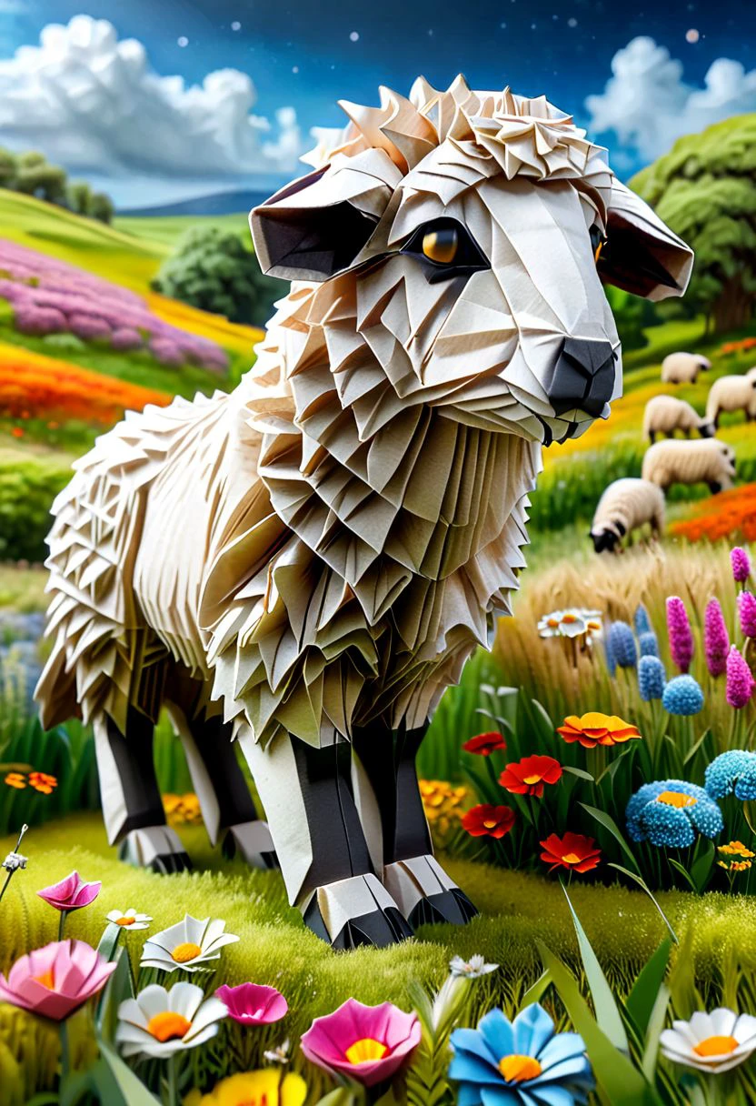 Full body illustration of ultra realistic very detailed cute sheep with big brown very detailed dreamy cosmic eyes hiding in a very realistic very detailed colorful field of flowers in a realistic very detailed meadow, realistic very detailed grass, realistic very detailed trees, highest contrast, masterpiece, 32k, high contrast, vibrant colors, vivid colors, high resolution textures, crisp colors, ultra sharp, sharp focus,