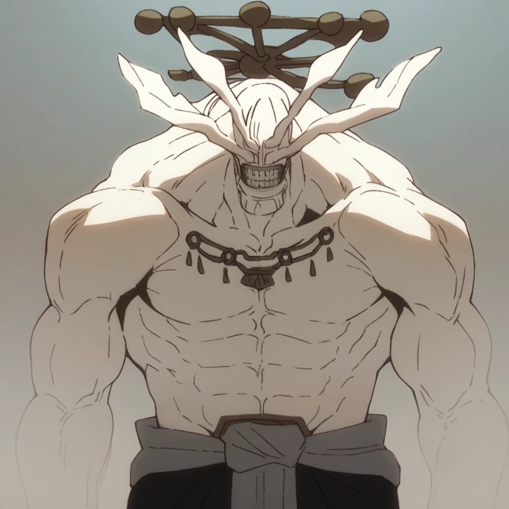 score_9, score_8_up, score_7_up, masterpiece BREAK Mahoraga, demon, muscular male, 1boy, solo, white skin, halo, large muscles, standing, teeth, looking down