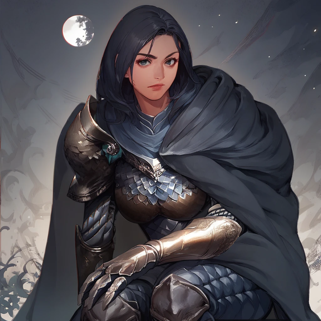 score_9, score_8_up, score_7_up,assassin, solo, mature woman, cloak, armor, shoulder armor, gauntlets,sitting, castle view, moon light, japan anime style,close-up, upper body