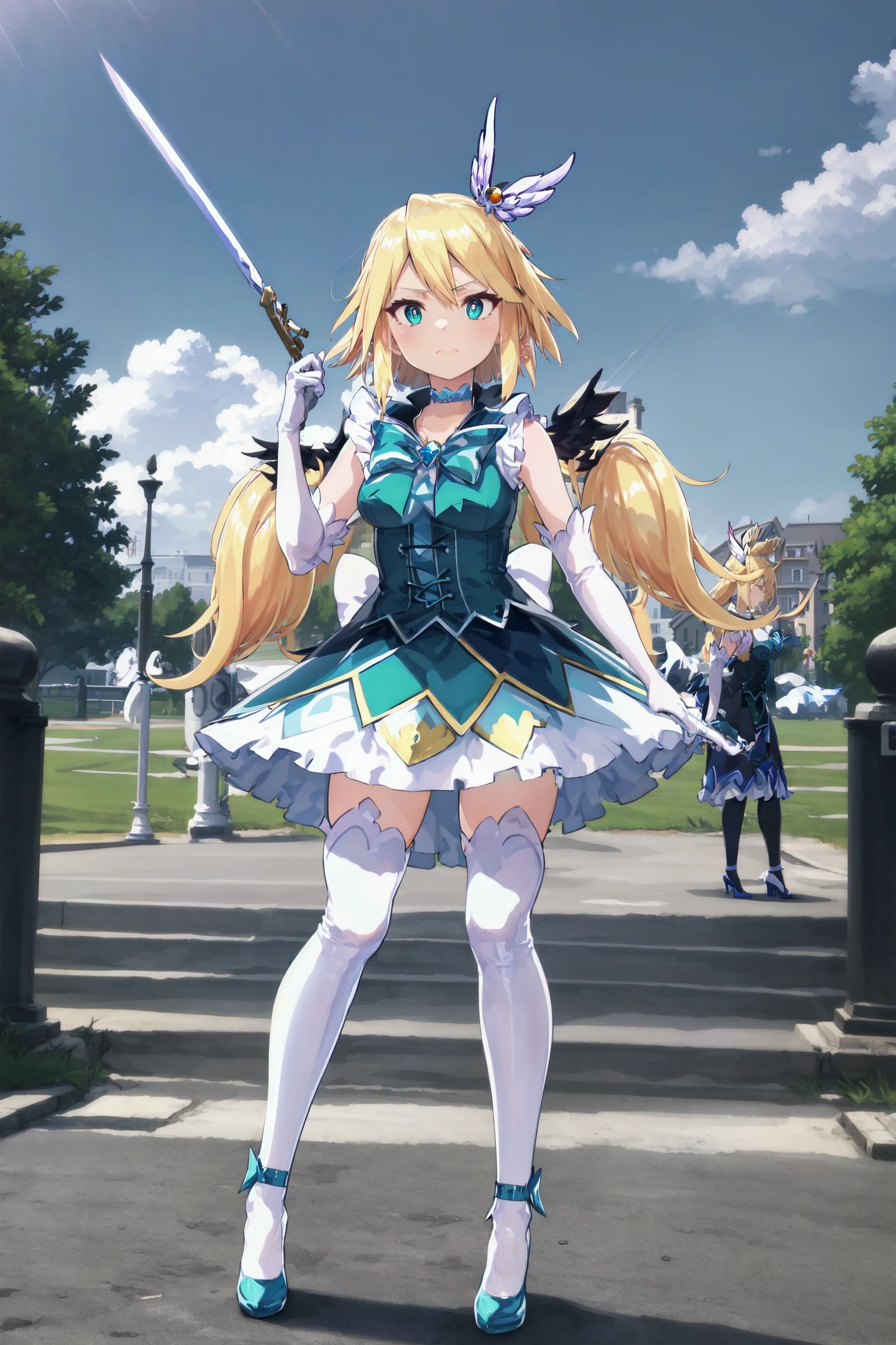 absurdres, high detail, 4k,
outdoors, park, sky,
standing, holding sword, two-handed, aura, sparking, serious,
solo, superbia, twintails, magica2019, wing hair ornament, choker, blue dress, bowtie, brooch, blue bow, sleeveless, frills, white gloves, elbow gloves, blue skirt, thigh boots, white footwear, heels
<lora:MGCM-superbia-t1-000100:0.8>