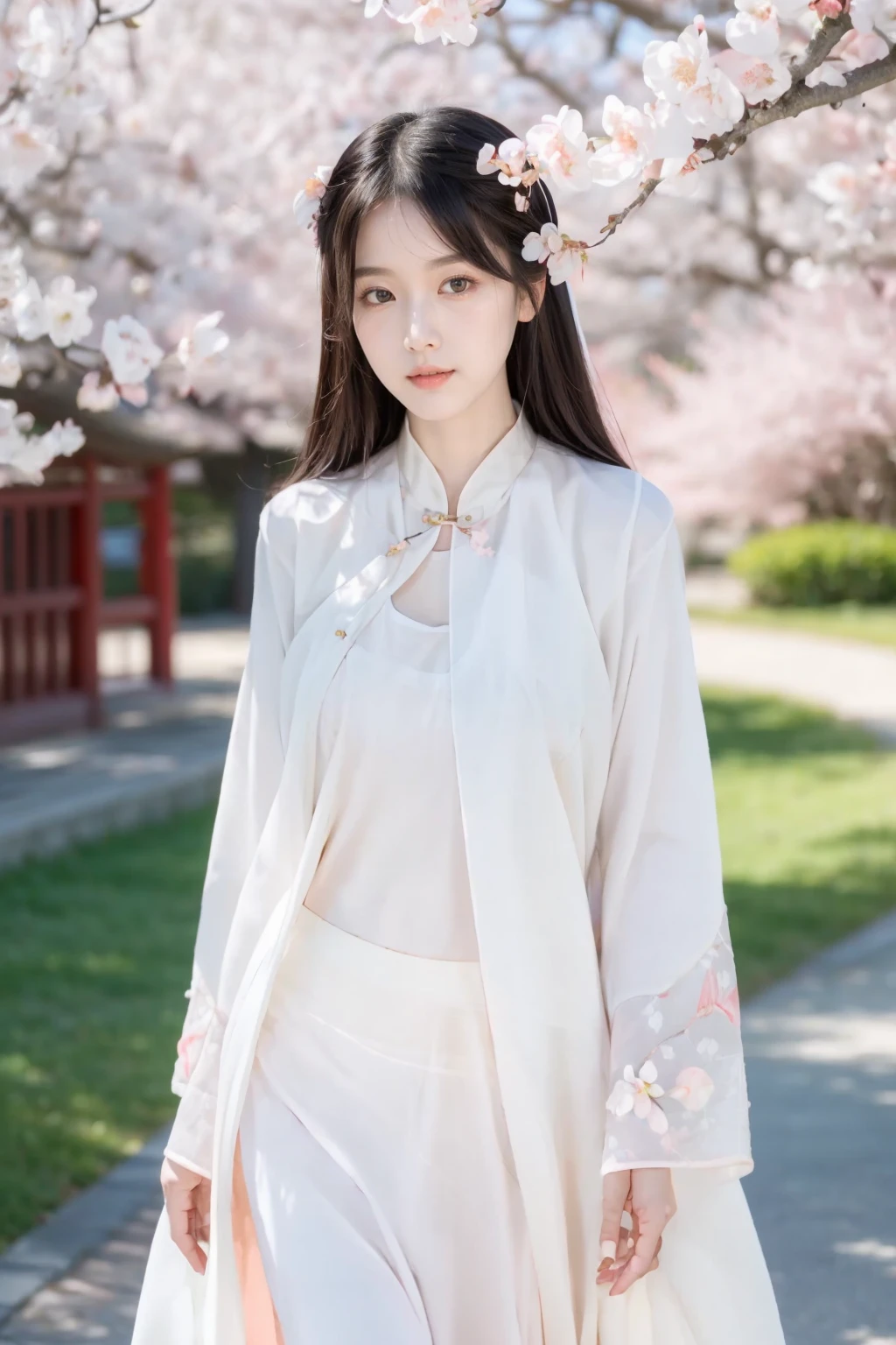 Realistic,best quality,masterpiece,8K,HDR,RAW,A pretty girl,seductive expression,charming,sex,1girl,((solo)),(standing),(large breasts),(outdoors,in spring,peach blossom,chinese-style architecture),(looking at viewer,),<lora:add_detail:0.6>,<lora:GoodHands-beta2:1>,<lora:ENNE å½é£é¿è¢è£_v3_09:1>,chinese clothes,