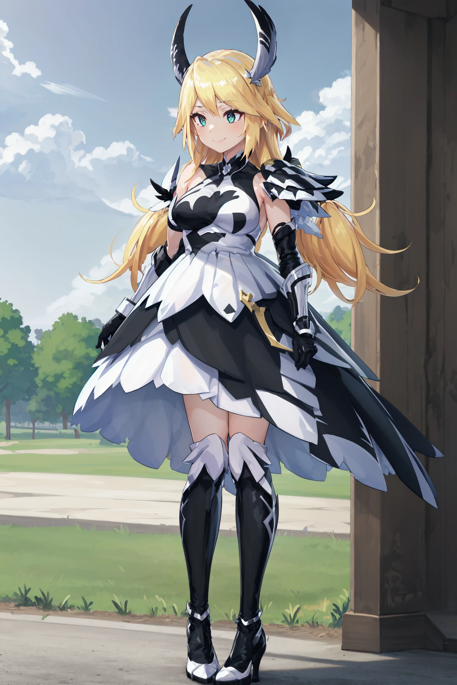 absurdres, high detail, 4k, outdoors, park, sky,
standing, light smile,
slo, superbia, twintails, dorigin, horns, multicolored dress, halterneck, white dress, black dress, sleeveless, shoulder armor, feathers, black gloves, knee boots, multicolored boots, heels,
<lora:MGCM-superbia-t1:0.7>