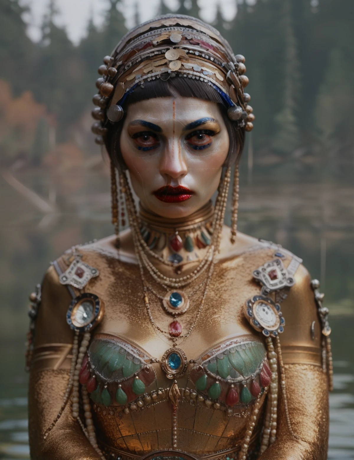 <lora:Jibaro:1> jibaro, woman, beautiful, makeup, frontal view, looking at the viewer, blue eyes, covered in gold and jewelry, upper body image, lake background, scaled golden skin, score_9, score_8_up, score_7_up, score_6_up, score_5_up, score_4_up