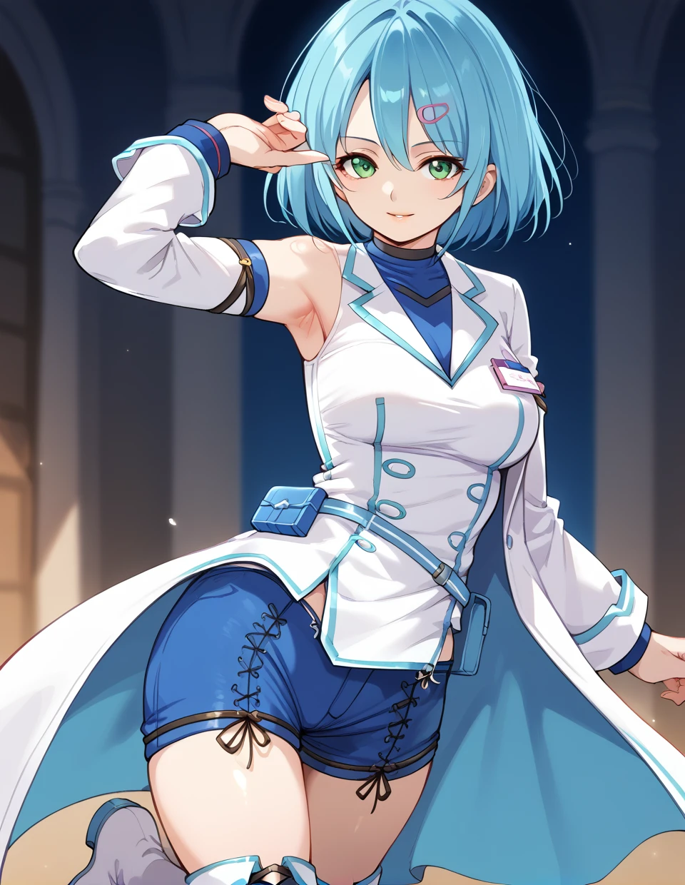 close-up,1girl,solo,<lora:doanico_pony:1>,nico,dead or alive,blue hair,hair ornament,green eyes,
white legwear,detached sleeves,white footwear,breasts,short shorts,thigh boots,bare shoulders,sleeveless,blue shorts,pouch,long sleeves,collarbone,shirt,turtleneck,belt pouch,waist cape,coat,labcoat,choker,, score_9,score_8_up,score_7_up,score_6_up,score_5_up,score_4_up,