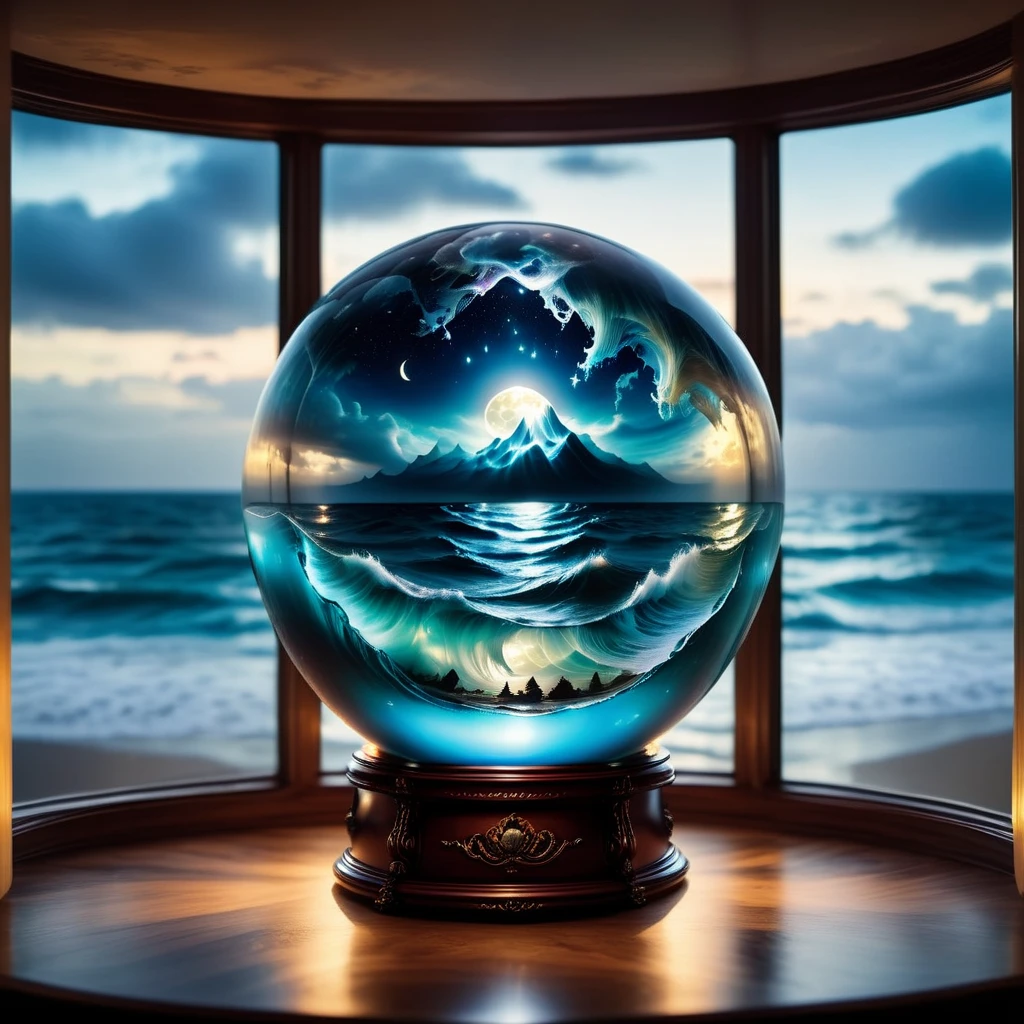 a beautiful ocean (((inside))) of a giant Jed-Gball, the glass ball stands on a Window sill in front of a window outside you can see the night sky  <lora:Jed-Glassball:0.7>,