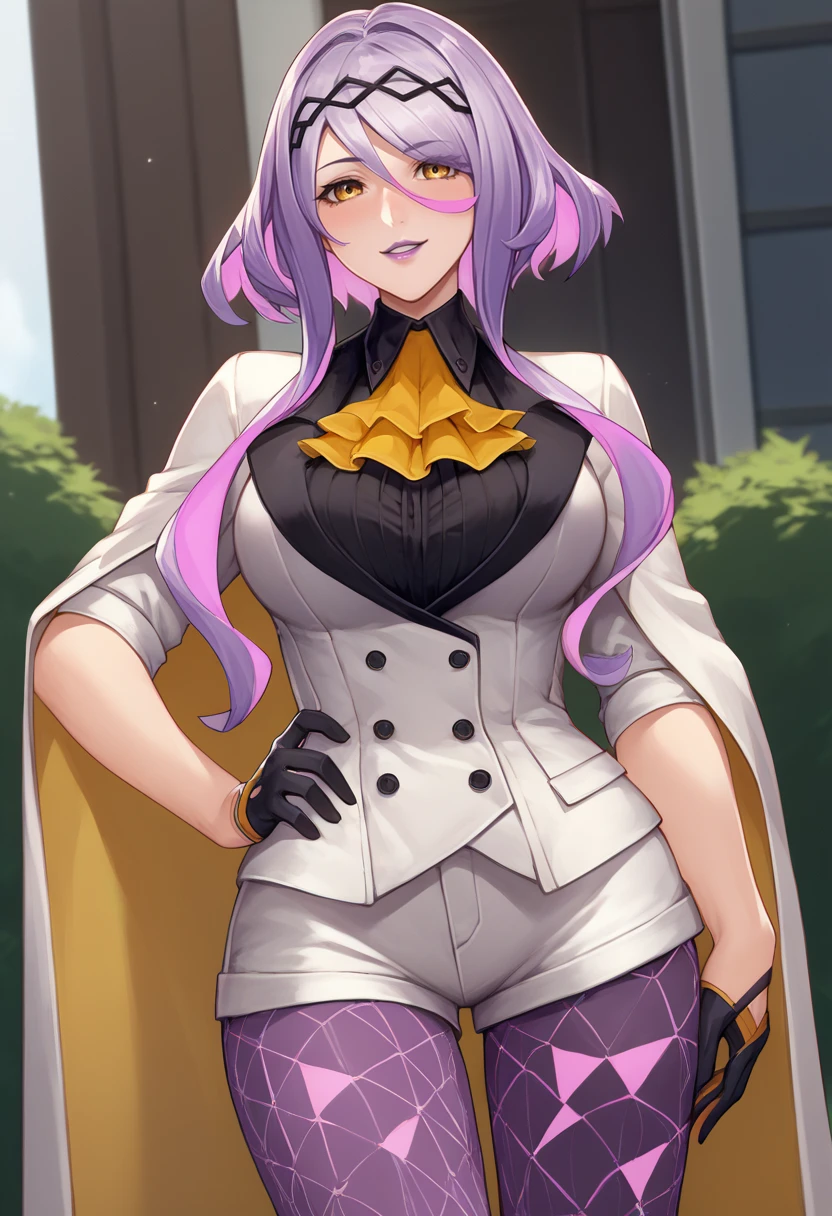 score_9, score_8_up, score_7_up, source_anime BREAK 1girl, solo, <lora:figue-sh2-richy-v1_pdxl:1> figue, yellow eyes, purple hair, multicolored hair, hairband, hair between eyes, sidelocks, yellow ascot, white coat, long sleeves, black shirt, half gloves, black gloves, white shorts, purple leggings, large breasts, <lora:kittew-artist-richy-v1_pdxl:0.8> purple lips, parted lips, looking at viewer, smile, blush, hand on hip