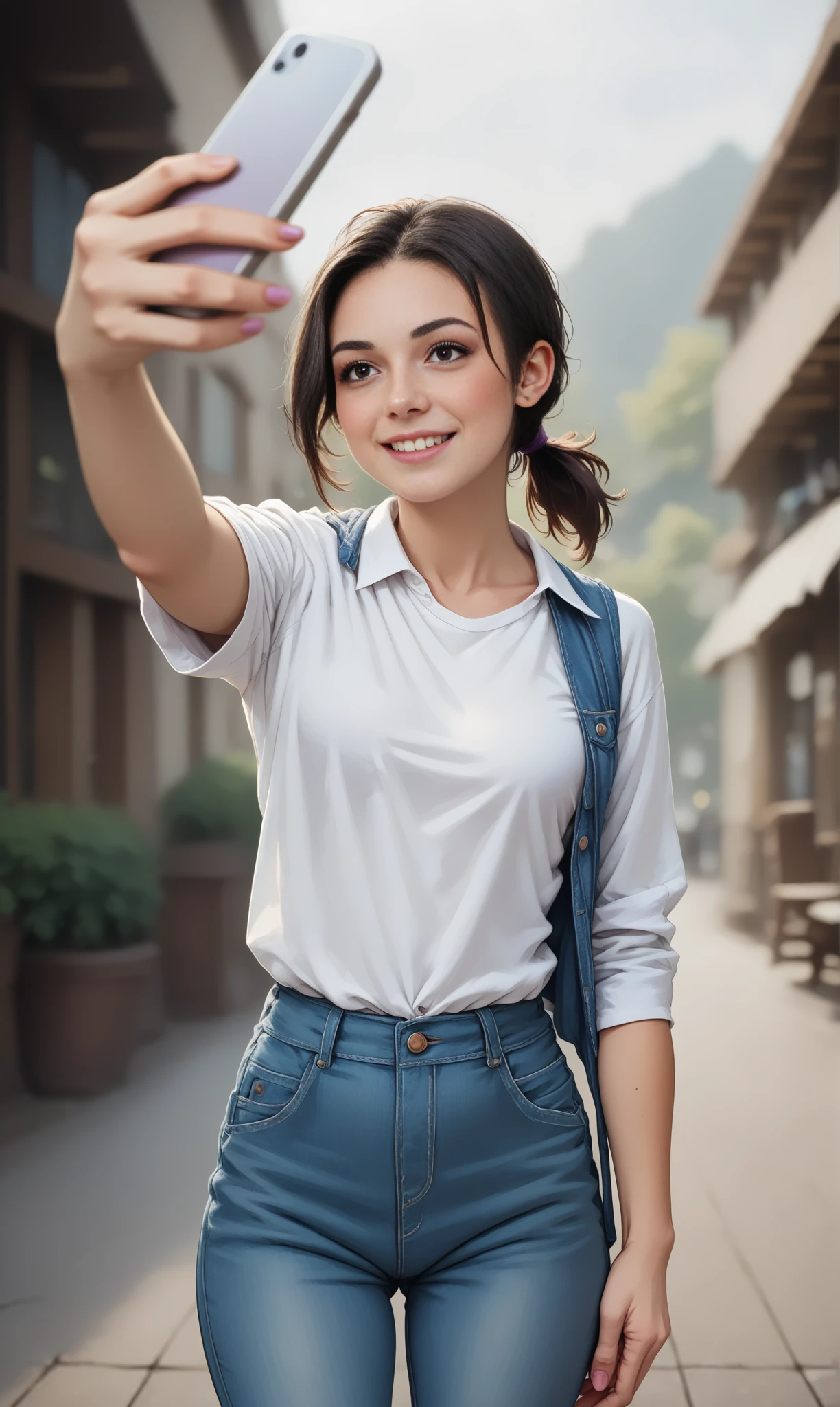 score_9, score_8_up, score_7_up, BREAK, TkSelf, (slim female) standing in pub and taking a selfie. The female wears purple hot-pants and top,  short brunette ponytail   <lora:TakeSelfiePony:1>