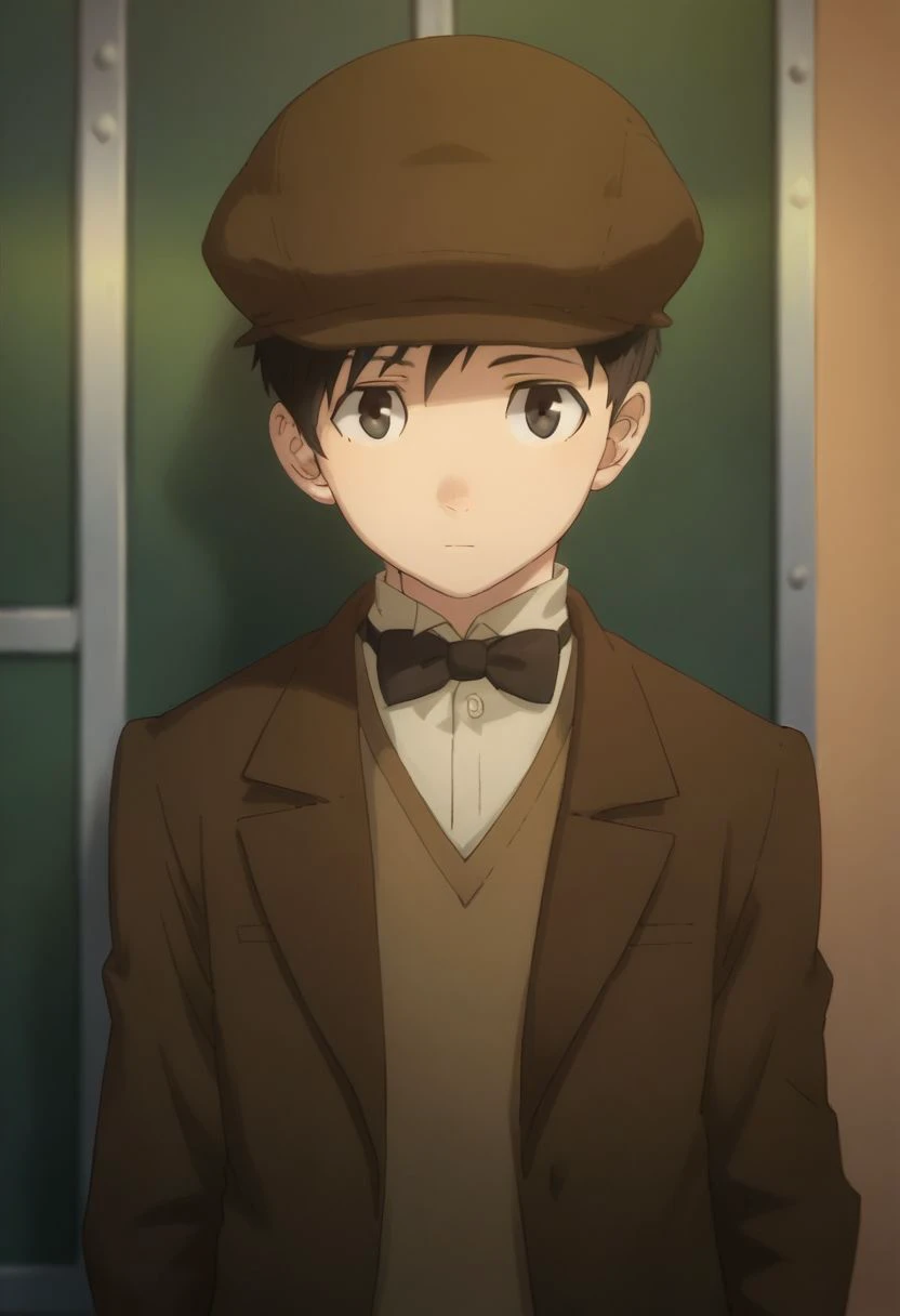 score_9, score_8_up, score_7_up, source_anime, highly detailed, 
meyer, 1boy, male focus, hat, solo, anime coloring, bow, bowtie, black hair, upper body,
jacket, black bow, brown jacket, looking at viewer,
indoor,