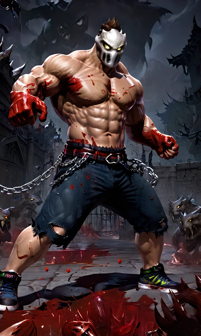 Tattoos all over the body、Kicking、Kickboxing、kook、Muscle prominence々、8K、Top image quality、Vicious men、Wrestlers、villainess、cruel、and draw the full body、Beast paws、sharp eye、Bloody、Liquid constantly flows from the hands、Bloody、Bloody、Blood splatters、Wearing an eye patch