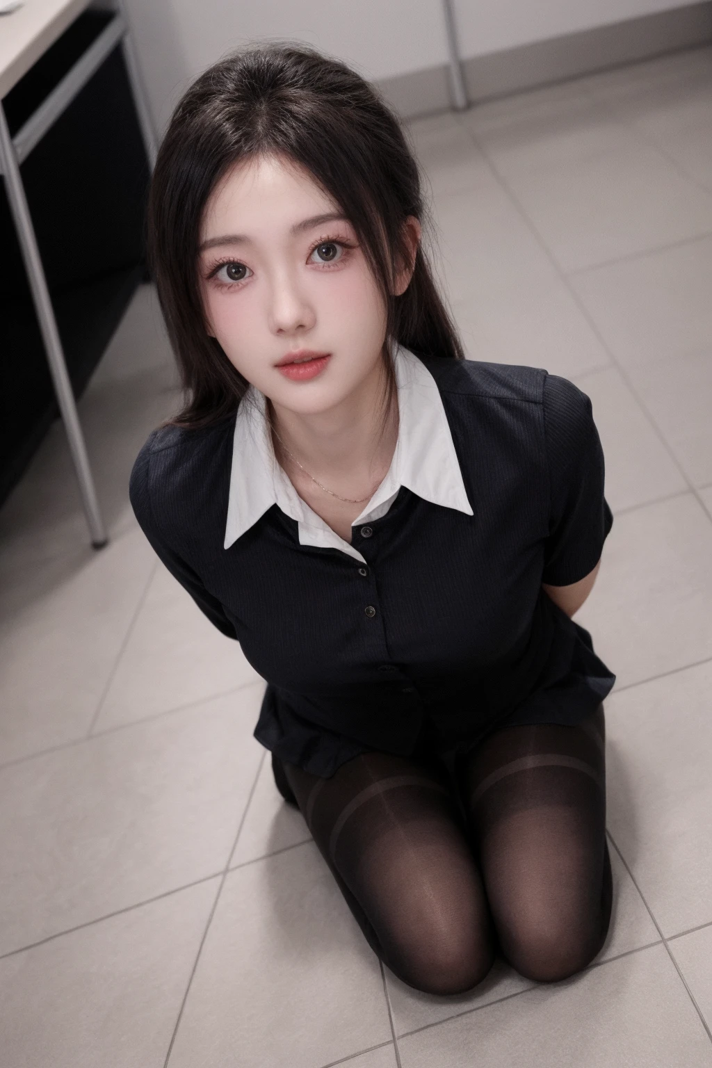 girl, high quality,  looking at viewer,(upper body:0.7),office lady, office, kneeling on tile floor, pov, from above, arms behind back, black pantyhose, collared shirt, center opening, 
<lora:add_detail:1>    <lora:linger_v1-000007:0.45>  <lora:ip-adapter:0.65>