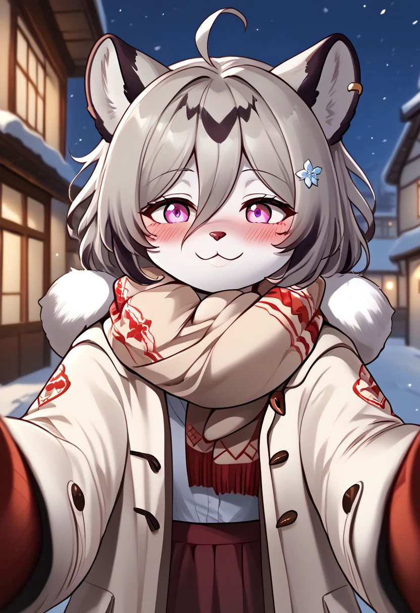 (absurdres), (highest quality), hannah_(mahjong_soul), furry, kemono, anthro, female, 1girl, solo, adorable, cute, blushing, grinning, scarf, looking at viewer, blush, winter clothes, coat, blurry, pov,