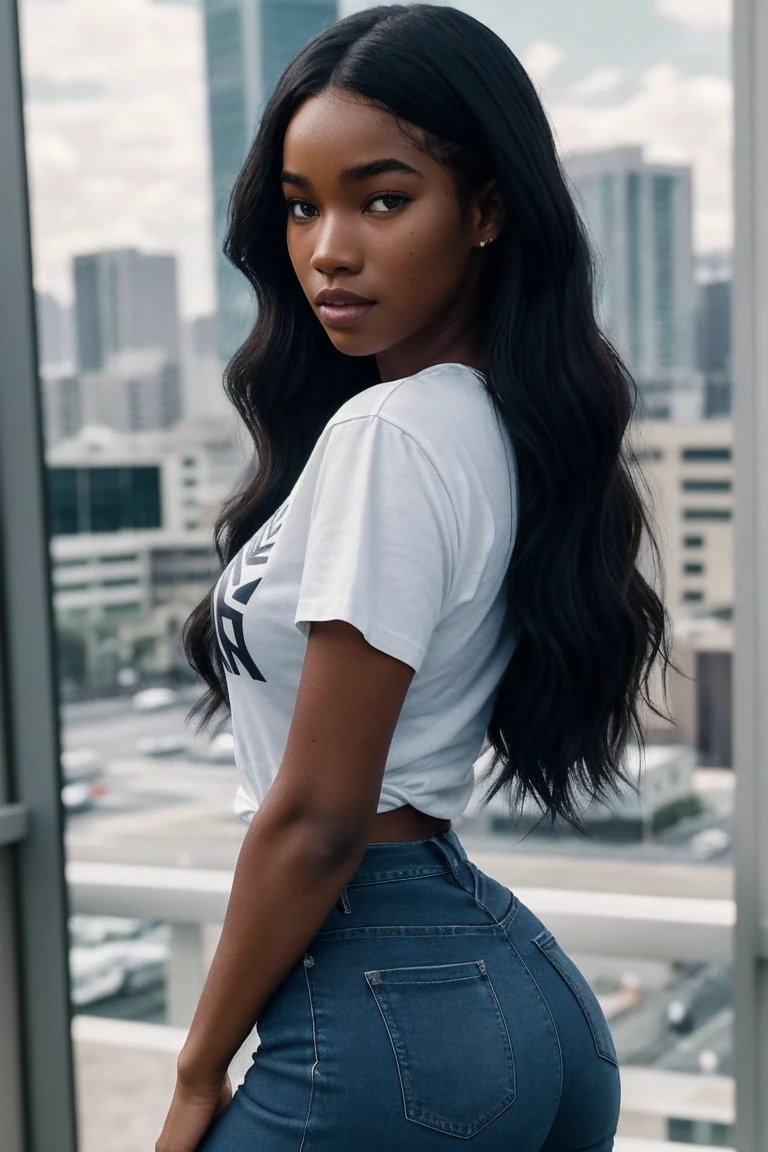 photo of M4r14m4D14ll0_HM-130, a woman, perfect hair, (modern photo), wearing crew neck t-shirt and jeans, 150mm short telephoto (analog, cinematic, film grain:1.3), Nano-tech Medical Facility, Advanced facility with nanotech healing, microscopic medical bots, and holographic diagnostics., detailed eyes, professional pose, (epiCPhoto), (looking at viewer:1.1), (cinematic shot:1.3), (soft style lighting), (OverallDetail:1.1), SkinHairDetail