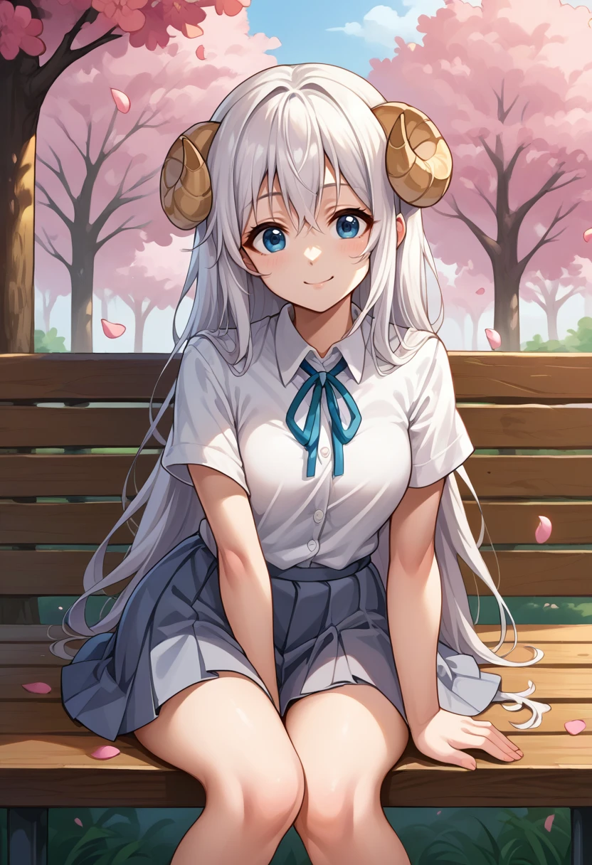 score_9, score_8_up, source_anime, 1girl, solo, white hair, blue eyes, long hair, messy hair, sheep girl, sheep horns, pale skin, SakuragaokaSummer, sakuragaoka high school uniform, white shirt, neck ribbon, short sleeves, grey skirt, sitting, on bench, sakura blossom tree, petals, smile, <lora:ChamSakuragaokaHighPonyXL:1>