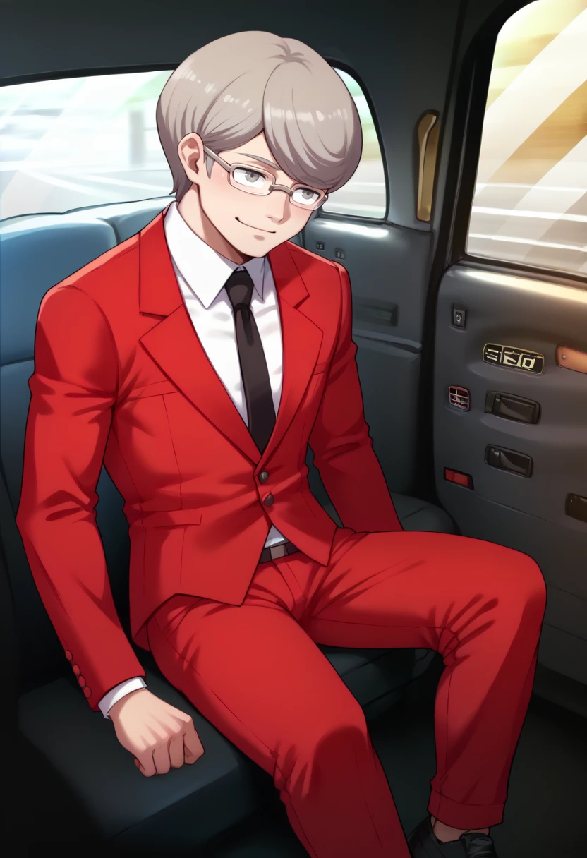 score_9, score_8_up, score_7_up, source_anime BREAK 1boy, solo,
 <lora:zs_StephenXL:1> stephensmt, grey hair, short hair, grey eyes, glasses, red blazer, white shirt, black tie, red pants, 
 <lora:FakeTaxiMeme_XLPD:1> fake taxi, car interior, sitting, ground vehicle, smile