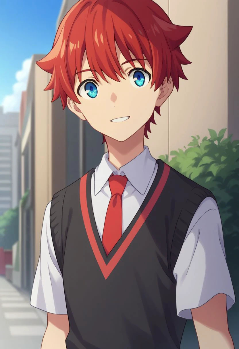 score_9, score_8_up, score_7_up, source_anime, highly detailed, 
yuta, 1boy, male focus, blue eyes, red hair, necktie, solo, black pants, shirt, school uniform, pants, red necktie, short sleeves, white shirt, looking at viewer, collared shirt, bangs,
outdoor, street, blue sky, upper body, smile,