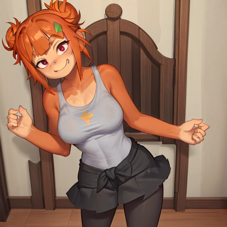 masterpiece, best quality, perfect image, best image, wallpaper, detailed hands, HD, UHD, best lighting, amazing, 1girl, solo,  tank top, black leggings, furry female, monkey girl, furry, double bun, orange hair, red eyes, monkey tail, side burns, leaf hair ornament, fur body, rosalia, standing, indoors, 