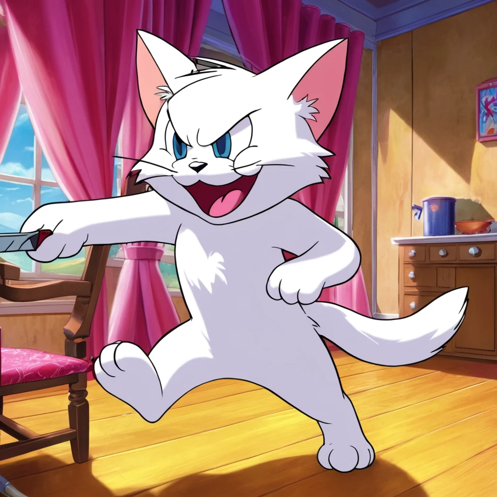 anime artwork of  <lora:animated cartoon style:0.9>
Toodles Galore A cartoon animated picture of a sinister villain white evil cartoon creepycat is running with a knife and creepy smile to the camera, animated cartoon style, solo, looking at viewer, smile, blue eyes, 1boy, dress, holding, indoors, grin, arms up, window, chair, parody, curtains, knife, furry, pink dress, holding knife, drawer, meowth
, anime style, key visual, vibrant, studio anime,  highly detailed